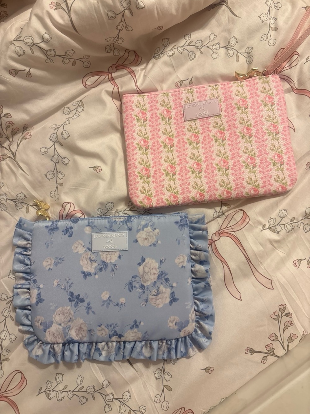 LoveShackFancy Pink Rose Stripe & Blue Floral Ruffle Cosmetic Pouches
